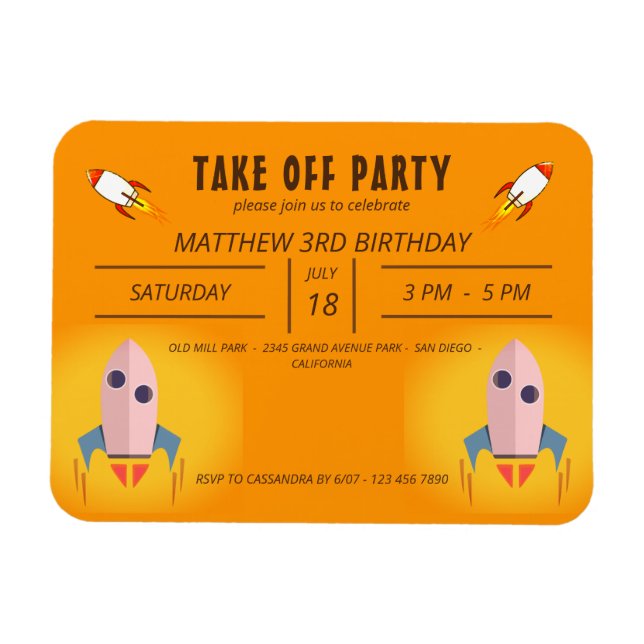 Magnet Flexible Cool Orange Space Ship Décollage Anniversaire Fête (Horizontal)