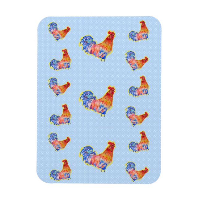 Magnet Flexible Coq Rouge Drôle Coq Taches Bleues et Blanches Ca (Vertical)