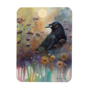 Magnet Flexible Corbeau peint à la main avec Fleurs sauvages