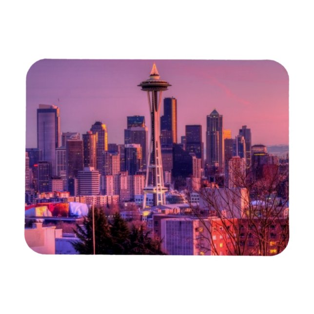 Magnet Flexible Coucher de soleil derrière Seattle depuis Kerry Pa (Horizontal)