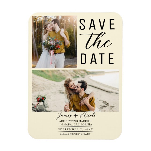 Magnet Flexible Cream Modern 2 Photos Enregistrer la date Mariage (Vertical)