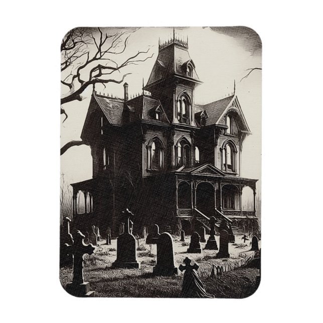Magnet Flexible Creepy Haunted House Graveyard Drawing (Vertical)