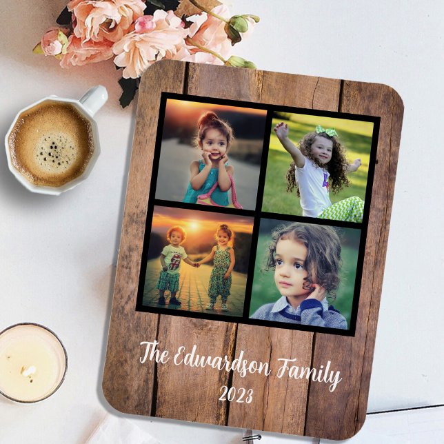 Magnet Flexible Créez votre propre collage photo de famille rustiq (Create your own keepsake, memories, family photo collage magnet. Rustic wood background pattern.)
