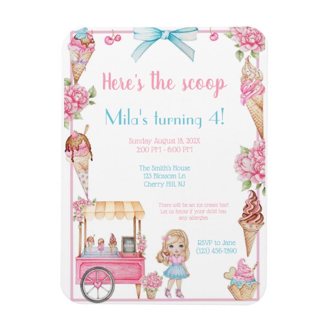 Magnet Flexible Crème glacée et florale Invitation d'anniversaire (Vertical)
