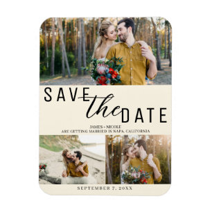 Magnet Flexible Crème sur Blanc Enregistrer la Date Mariage 3 Phot