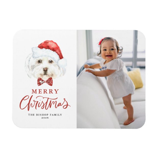Magnet Flexible Cute aquarelle Père Noël Maltese Chien Photo Noël (Horizontal)