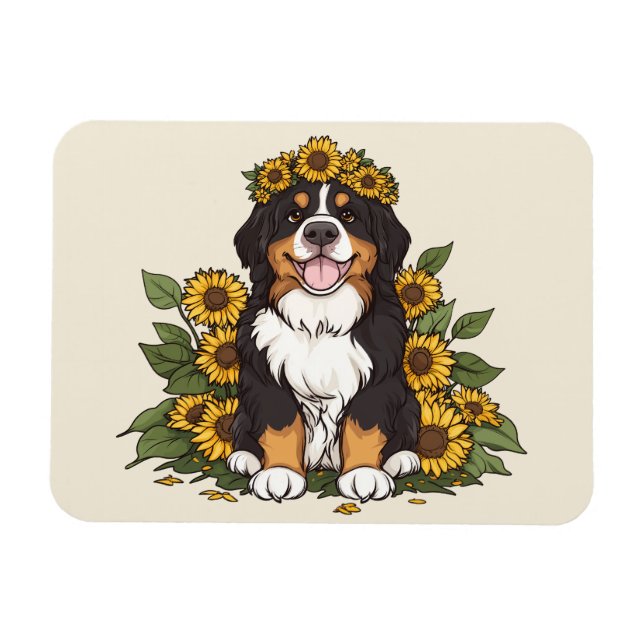 Magnet Flexible Cute Bernese Mountain Dog Wearing Sunflower Crown (Horizontal)