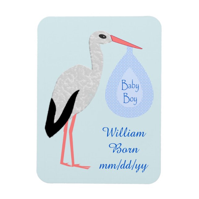 Magnet Flexible Cute Blue Baby Boy Stork Faire-part de naissance (Vertical)