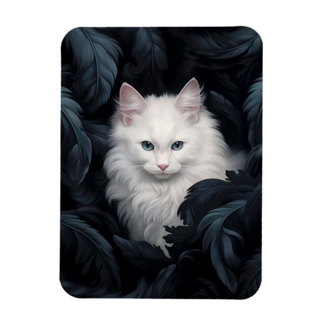 Magnet Flexible Cute Furry Chat Blanc Assis Parmi Les Feuille (Vertical)
