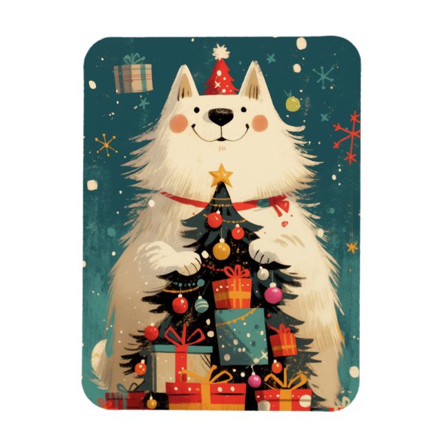 Magnet Flexible Cute Samoyed dog with Christmas holiday (Vertical)