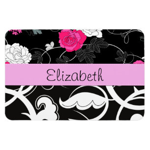 Magnet Flexible Damas, Fleurs, Noir et Blanc, Votre nom