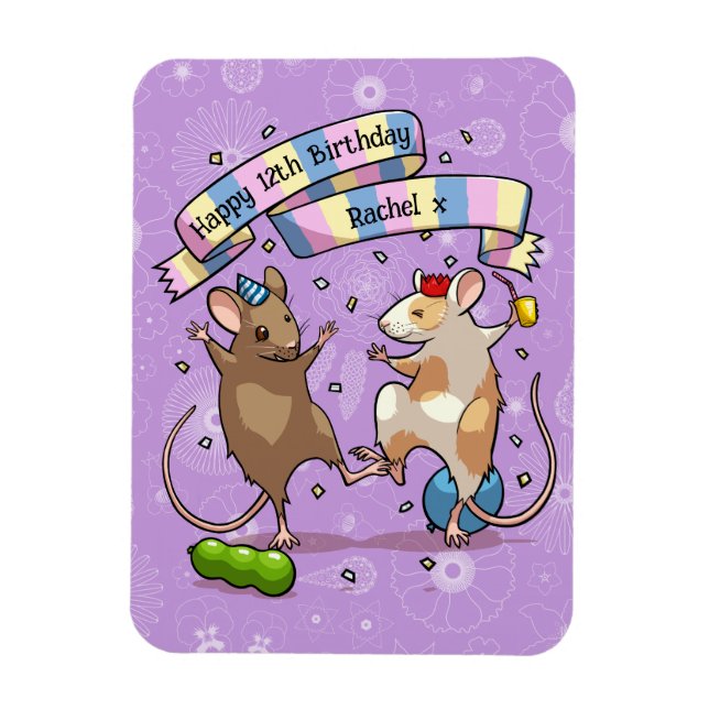 Magnet Flexible Dancing Mice Nom et âge Bonne fête d'anniversaire (Vertical)