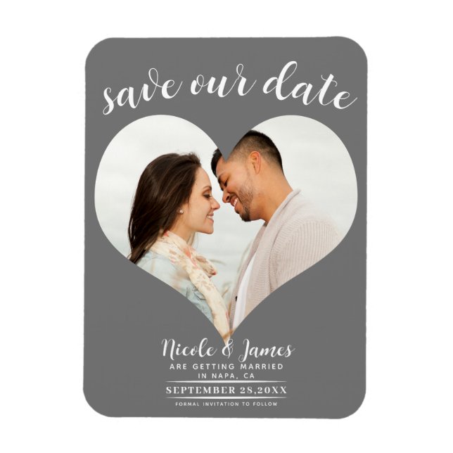 Magnet Flexible Dark Grey Heart Photo Wedding Enregistrer la date (Vertical)
