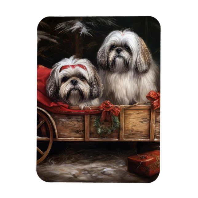 Magnet Flexible Décor de Noël Lhasa Apso Snowy Sleigh (Vertical)
