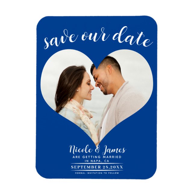 Magnet Flexible Deep Blue Heart Photo Wedding Enregistrer la date (Vertical)