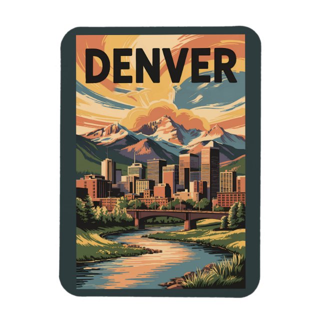 Magnet Flexible Denver Colorado Illustration Sunset Travel Art (Vertical)
