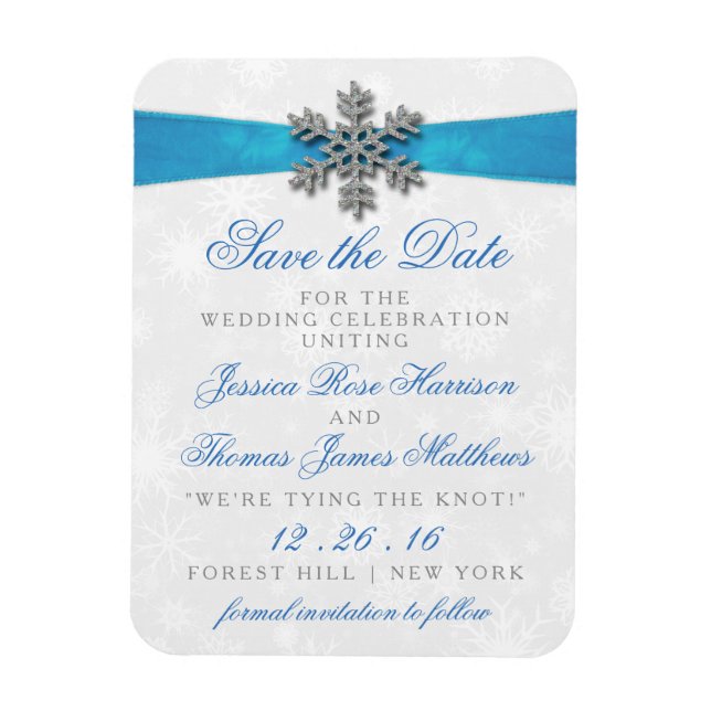 Magnet Flexible Diamante Snowflake & Blue Ribbon Mariage d'hiver (Vertical)