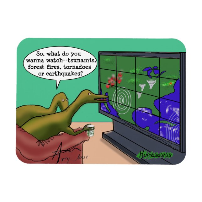 Magnet Flexible Dinosaures sur le changement climatique, caricatur (Horizontal)