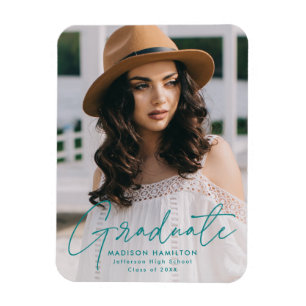 Magnet Flexible Diplômé Moderne Turquoise Script Photo Graduation