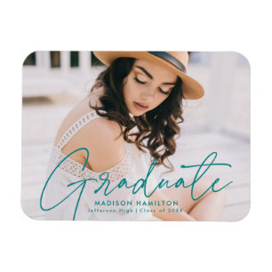 Magnet Flexible Diplômé Moderne Turquoise Script Photo Graduation