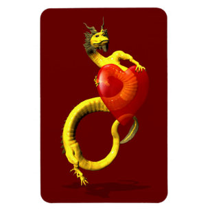 Magnet Flexible Dragon D'Or Au Grand Coeur Rouge