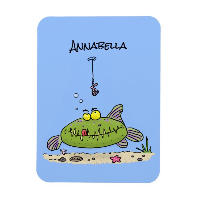 Magnet Flexible Drôle gras affamé poisson vert dessin de pêche (Vertical)