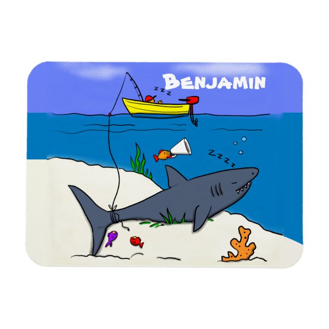 Magnet Flexible Drôle requin couché et dessin animé de pêche (Horizontal)