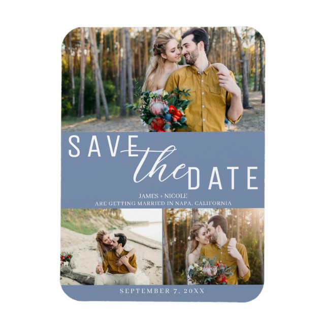 Magnet Flexible Dusty Blue Enregistrer la date Mariage 3 photos (Vertical)