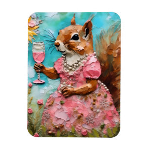 Magnet Flexible Écureuil avec robe rose et un verre