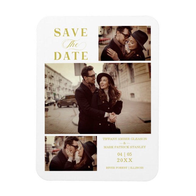 Magnet Flexible Effet doré Moderne 3 Photos personnalisées Mariage (Vertical)