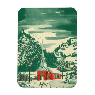 Magnet Flexible Église de Noël vintage, paysage enneigé en hiver
