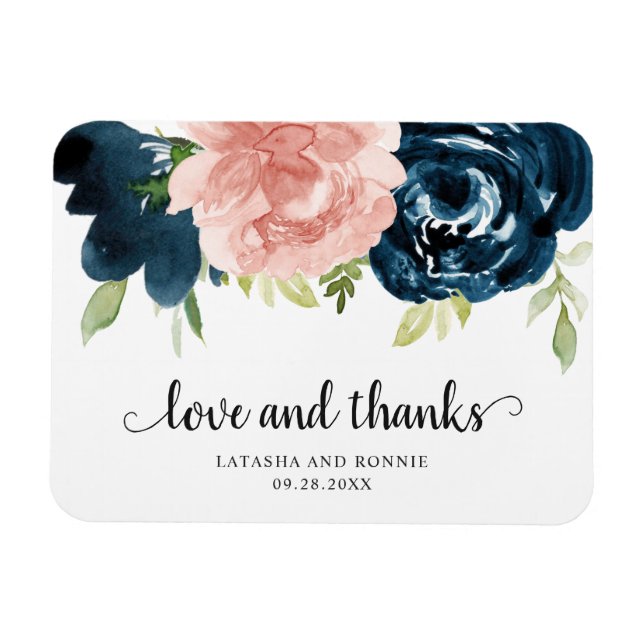 Magnet Flexible Elégant Blush Rose Navy Blue Floral Mariage Favori (Horizontal)