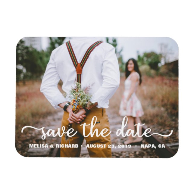 Magnet Flexible Élégant Calligraphie Couple Photo Save The Date (Horizontal)