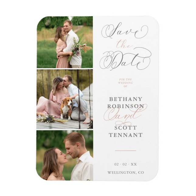 Magnet Flexible Élégant Chic Pink 3 Photos Sophistiqué Mariage (Vertical)