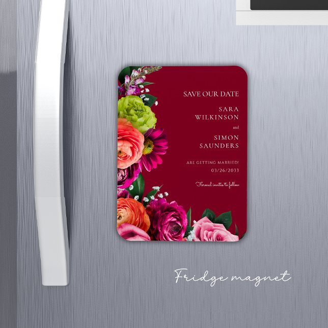 Magnet Flexible élégant floral bordeaux moderne enregistrer la dat (fun burgundy colorful florals save the date fridge magnet)