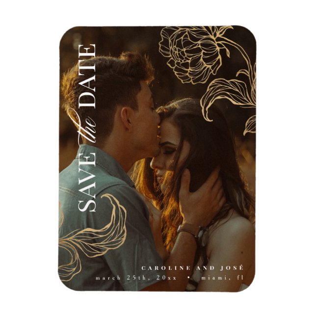 Magnet Flexible Elegant Gold Botanical Photo Enregistrer la date (Vertical)