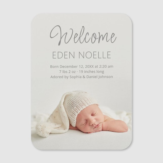 Magnet Flexible Élégant Gris Script Faire-part bébé photo (Custom baby photo magnet. Elegant, modern gray script baby birth announcement photo magnet.)