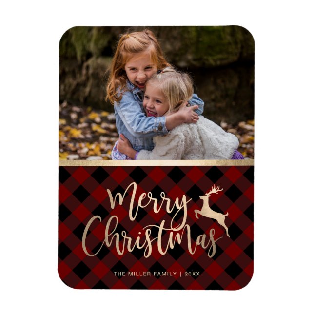 Magnet Flexible Elégant or Joyeux Noël Plaid Photo personnalisée (Vertical)