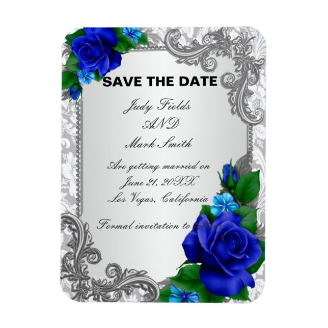 Magnet Flexible Elégant Roses Bleu Mariage Enregistrer La Date Mag (Vertical)