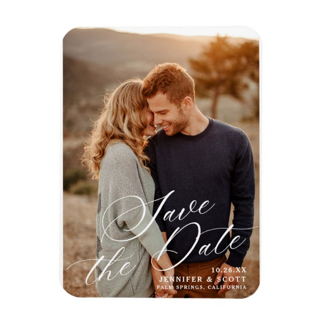 Magnet Flexible Élégant script blanc | Mariage Enregistrer La Date (Vertical)