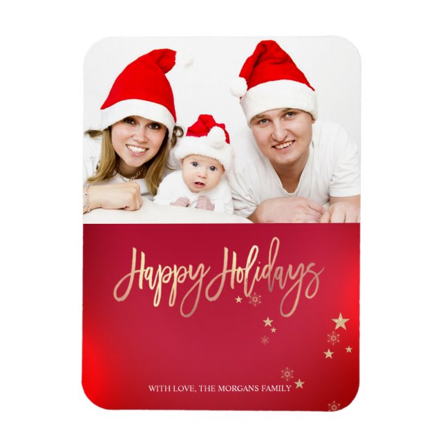 Magnet Flexible Elégante Gold Stars Rouge Photo Joyeux Noël (Vertical)
