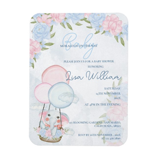 Magnet Flexible Eléphant Ballons rose Baby shower Floral Invitatio (Vertical)