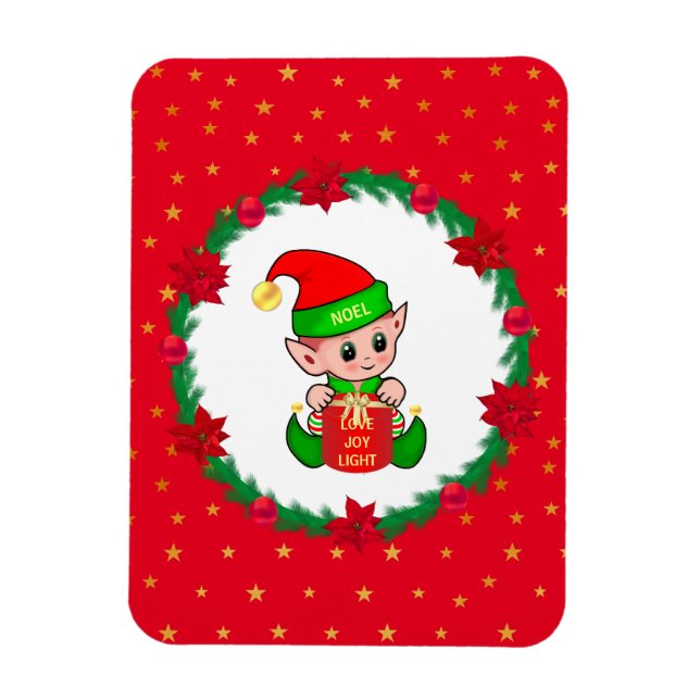 Magnet Flexible elfe de Noël, couronne de pin, poinsettias & étoil (Vertical)
