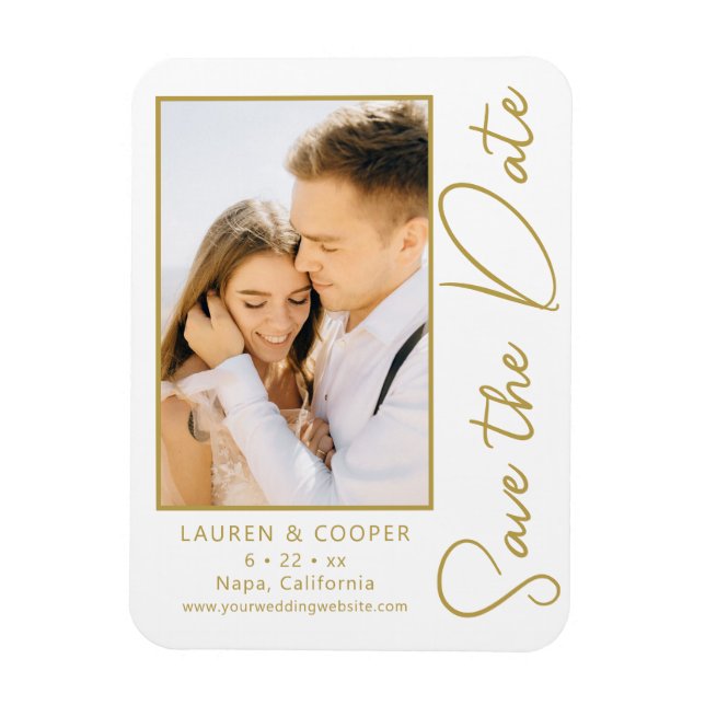 Magnet Flexible Enregistrer La Date Blanc Or Style Mariage Moderne (Vertical)