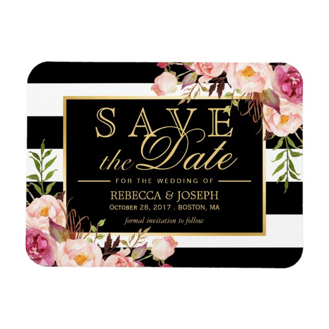 Magnet Flexible Enregistrer la date - Gold Floral Decor B&W Stripe (Horizontal)