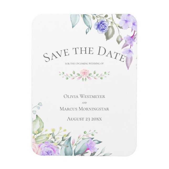 Magnet Flexible Enregistrer la date Pale Lilac et Rose Flowers (Vertical)