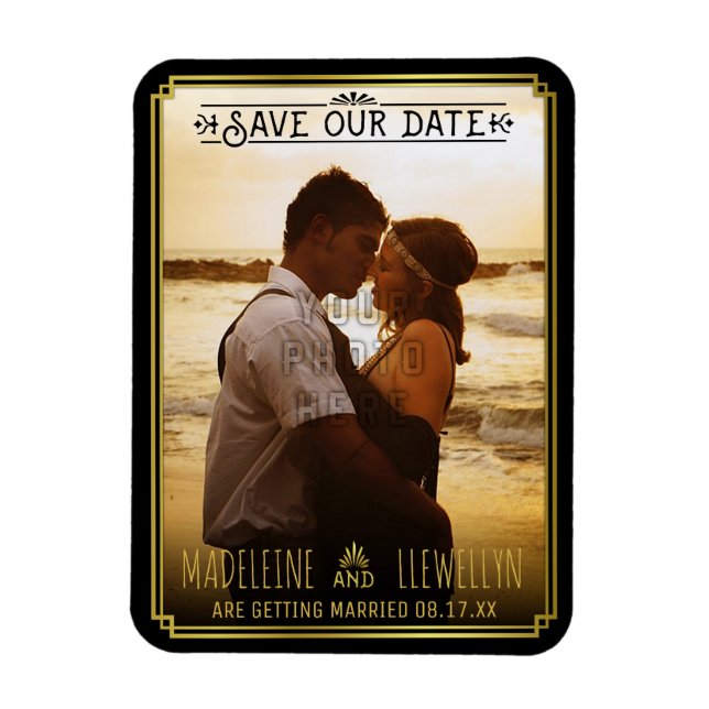 Magnet Flexible Enregistrer la date Retro Black Gold Deco Mariage  (Vertical)