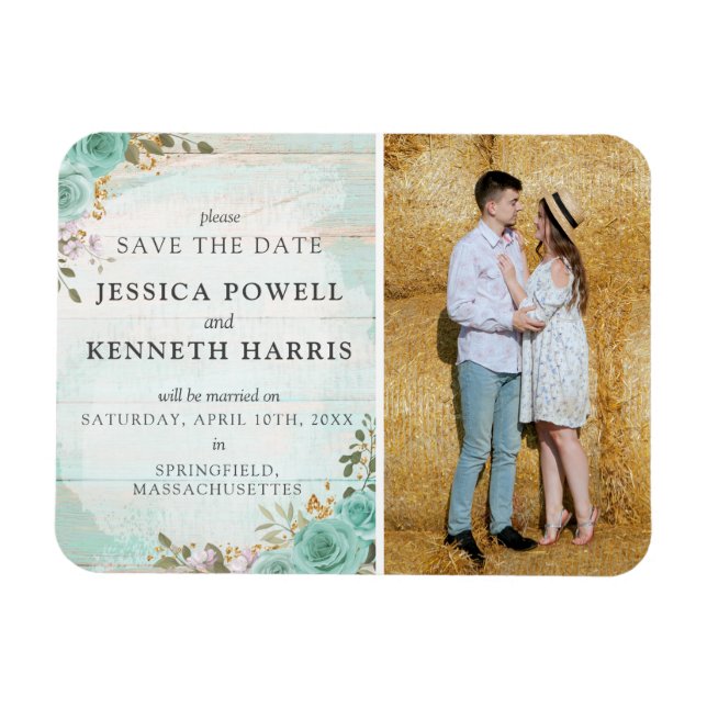 Magnet Flexible Enregistrer La Date Rustique Turquoise Floral Phot (Horizontal)