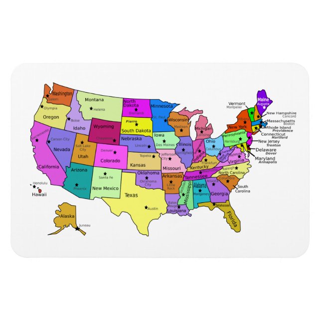 Magnet Flexible États-Unis Carte noms d'État et capitales (Horizontal)