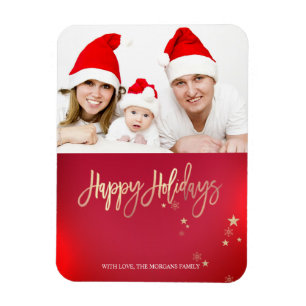 Magnet Flexible Étoiles dorées élégantes Photo rouge Joyeux Noël